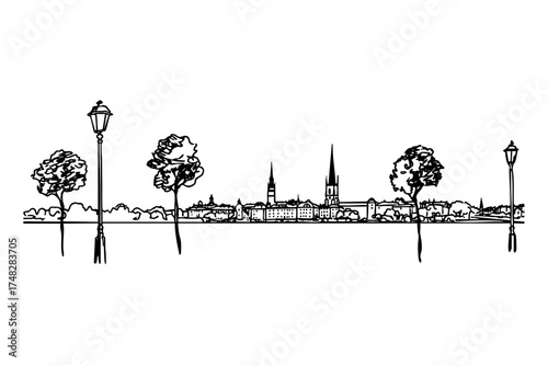 Cityscape sketch panorama with old town buildings. Architectural drawing streetlights and trees. Minimalist urban landscape.