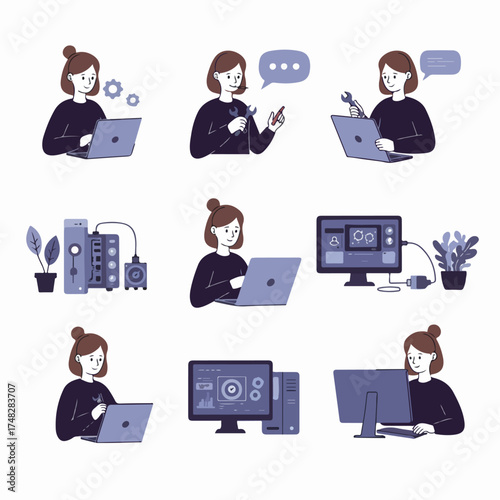 Female IT Technician and System Administrator Illustrations Set: Providing Technical Support, Computer Repair, and Data Management Services with Laptops and Desktops.