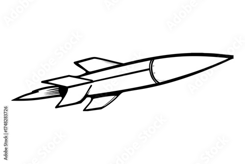 Futuristic rocket sketch with sleek, streamlined design. Hand drawn rocket with fast exhaust. Space exploration vehicle.