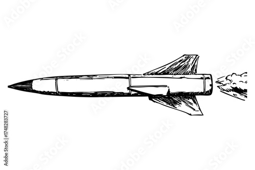 Military missile sketch showing powerful rocket propulsion. Hand drawn rocket with exhaust smoke. Weapon technology illustration.