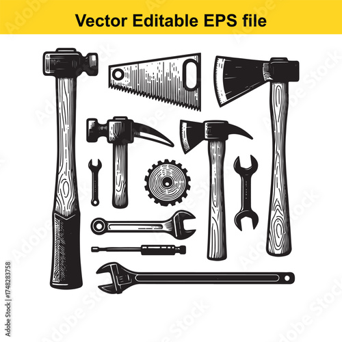 Vector art of collection of vintage hand tools including hammers, axes, saws, wrenches, and a gear, perfect for construction or diy projects