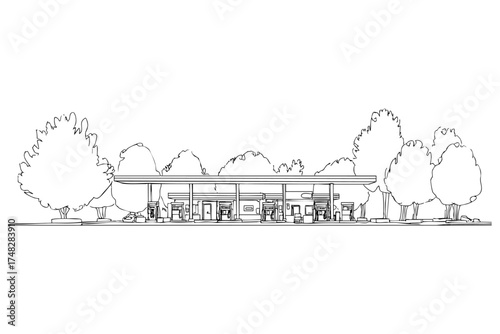 Gas station sketch. Fuel filling pumps illustration. Car service infrastructure outline drawing for transport themes