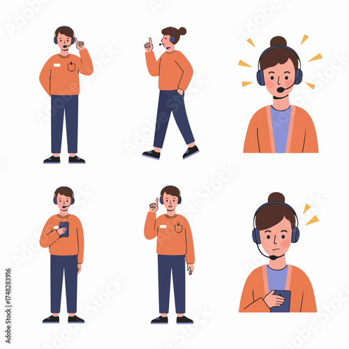 Illustrated customer service representatives and call center agents in various poses, offering support and communication. Vector collection.