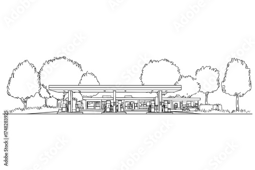 Gas station sketch. Fuel filling pumps illustration. Car service infrastructure outline drawing for transport themes