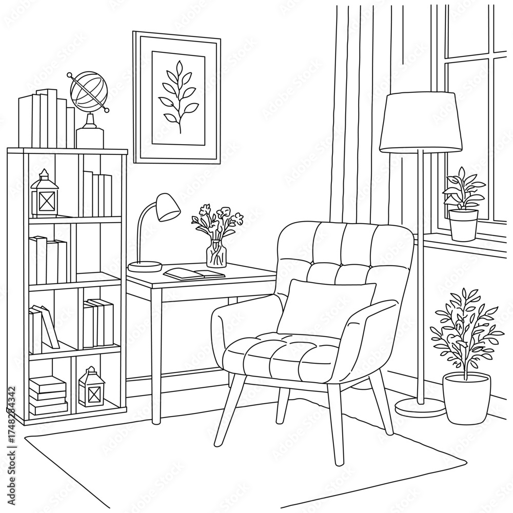 Fototapeta premium Interior outline sketch drawing perspective of a work room in the house.Workplaces . Tables, chairs and windows.Room line art black vector illustration hand drawing.