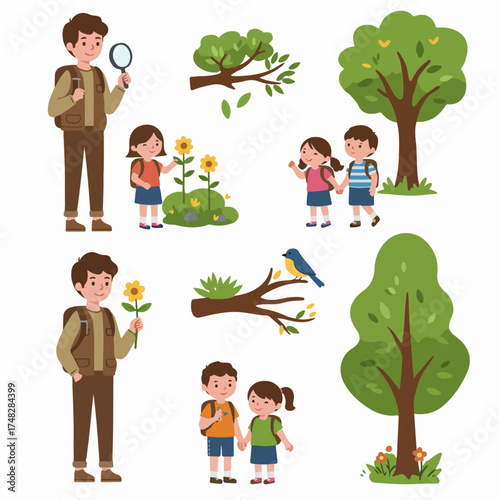 Cute cartoon illustrations of kids and adult exploring nature: outdoor education, forest adventure, environmental discovery, and family outdoor fun.