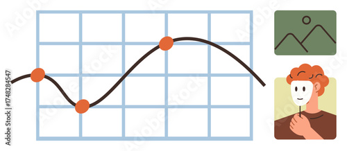 Curved line graph with data points, green landscape image, individual lowering mask. Ideal for data, identity, emotions, insights, psychology discovery analytics. Simple flat metaphor