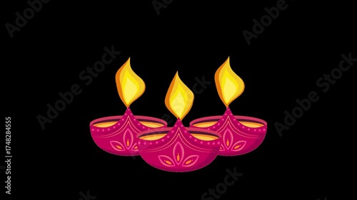 Three Diya Lamps Animation Glowing Diwali Oil Lamps with Alpha Channel
