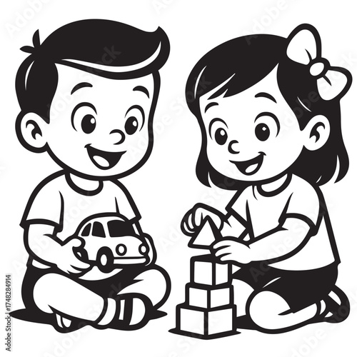 Cartoon boy holding toy car girl stacking blocks children