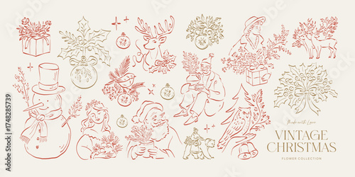 Set of minimalist Christmas vector illustrations in hand-drawn line art style. Festive elements for cards, posters, gift designs, and modern holiday greetings.