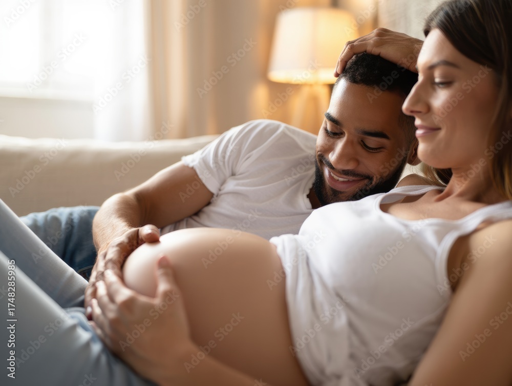 Obraz premium Expectant couple relaxing on couch as the pregnant woman smiles