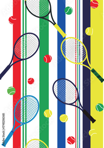 Vibrant tennis rackets and colorful balls create a lively sports pattern.