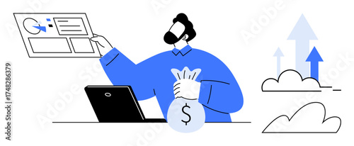 Male figure holding money bag near laptop, presenting analytics dashboard, upward arrows and clouds in background. Ideal for finance, business, success, investment, analysis growth economy. Clean