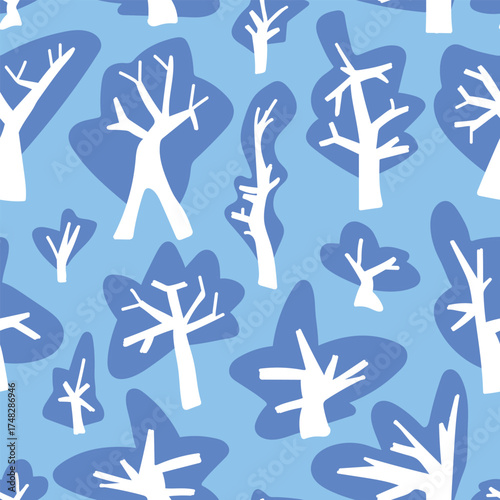 Seamless pattern with winter forest. Stylized colorful trees. Endless texture, backdrop with abstract elements of plants. Print for textile, wallpaper, covers, surface. For fashion fabric.