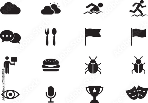 Vector art of collection of diverse icons representing various concepts and activities