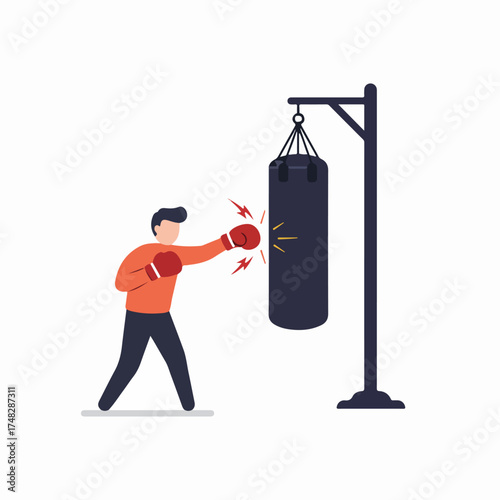 Man in boxing gloves punching a heavy bag during a workout session, illustrating strength, fitness, and training for combat sports on a white background.