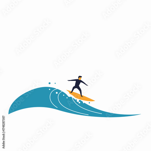 Minimalist illustration of a surfer riding a dynamic blue ocean wave on a yellow surfboard, embodying summer fun, freedom, and an active watersport lifestyle.