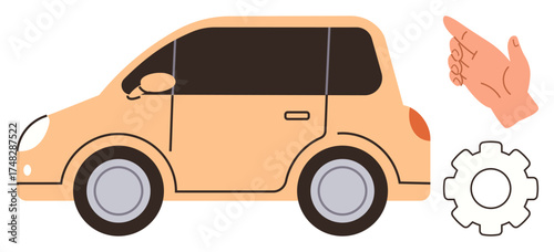 Yellow compact car with pointing hand and gear. Ideal for transportation, maintenance, automotive design, direction, guidance, repair, and technology. Clean and simple flat metaphor