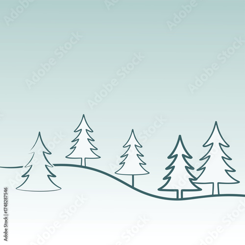 A serene winter landscape featuring stylized evergreen trees silhouetted against a soft, gradient sky, evoking a sense of calm and simplicity in a minimalist design isolated on white background