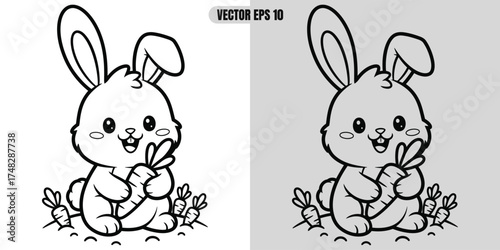 Cute cartoon bunny holding a carrot,  , vector illustration