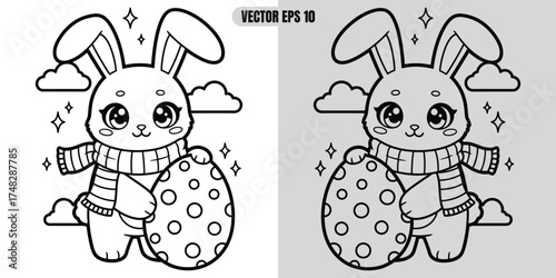 Adorable cartoon bunny wearing a scarf, holding a decorated easter egg,  