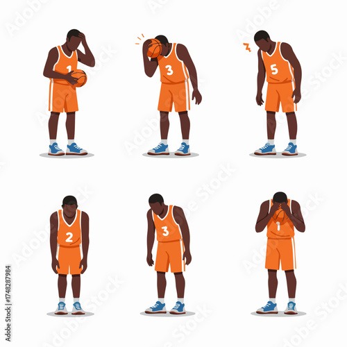 Emotional Basketball Player: A collection of illustrations depicting an African American male athlete experiencing defeat, sadness, and fatigue after a game or performance.