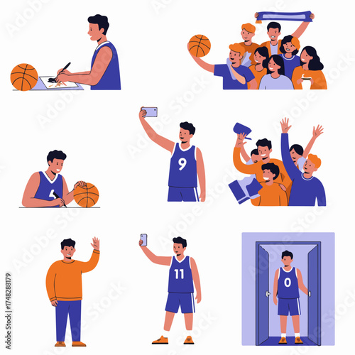 Diverse basketball scenarios: players engaging with fans, signing autographs, taking selfies, and enthusiastic crowds celebrating the game.
