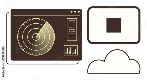 Radar interface scanning with data graphs, paired with a cloud and screen outline. Ideal for security, navigation, technology, communication, data analysis, cloud computing and monitoring. Simple