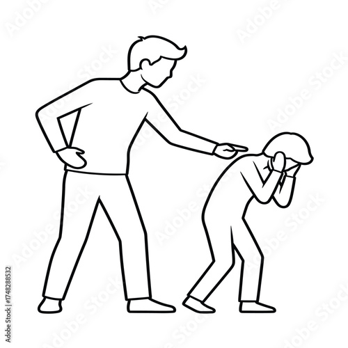 Line Drawing of a Parent Scolding a Child Who Is Crying in Distress Illustration of Family Conflict