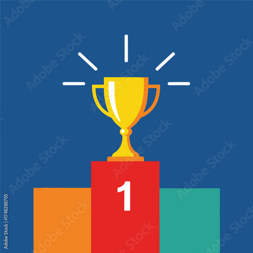 Trophy on Podium Symbolizing Success and Achievement in First Place Vector Illustration Minimalist Modern Design