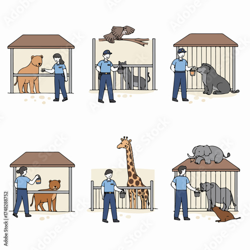 Dedicated zookeepers feed diverse animals in their enclosures, showcasing daily care and interaction with lions, bears, giraffes, and birds at the zoo.