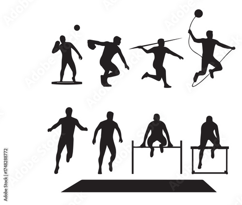 athletic game silhouette,decathlon sportsman silhouette isolated on white background. Vector illustration
 set of 6
