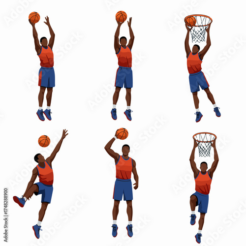 Diverse Male Basketball Player in Action Poses, Featuring Shooting, Jumping, and Dunking Sequences on a White Background