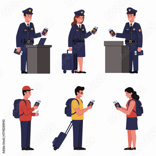 Airport security and immigration check with officers and passengers holding documents, showcasing global travel procedures.