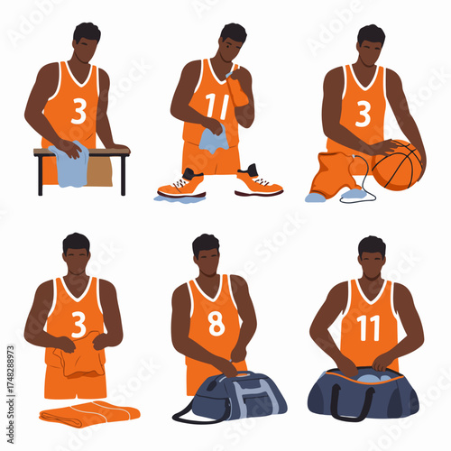 Basketball Player's Routine: Wiping Sweat, Holding Ball, Folding Uniform, and Packing Gym Bag for Game Day