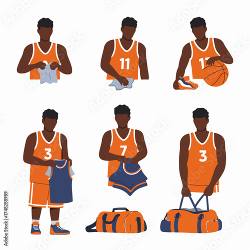 African American basketball player getting ready for practice or game, showing various actions with uniform, ball, towel, and duffel bag. Sports preparation routine.