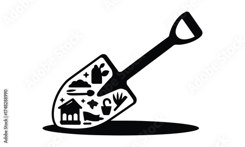 Black and white illustration of a shovel with gardening elements inside
