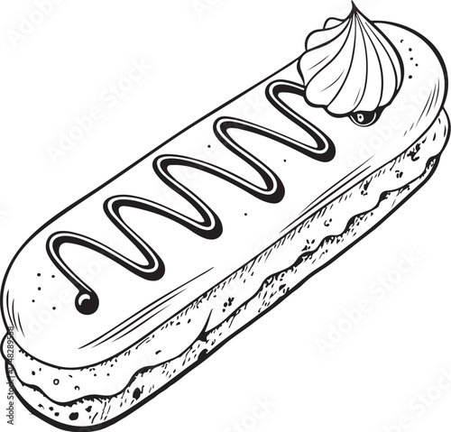 Éclair Dessert Hand-drawn Sketch Drawing Vector Illustration, Line Linear Symbol Engraving Coloring Book, Black and White Isolated