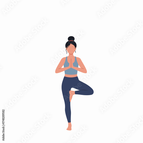 Illustration of a woman practicing yoga in Tree Pose, promoting balance and mindfulness.