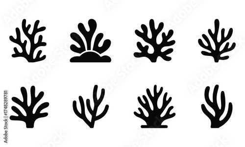 Coral reef design elements collection in black isolated on white background