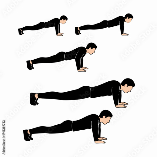 Male figure demonstrating push-up exercise form. A graphic illustration for fitness, strength training, and bodyweight workouts, promoting a healthy and active lifestyle.