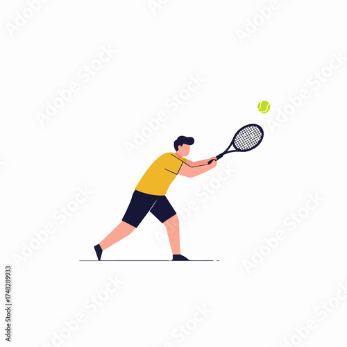 Flat illustration of a male tennis player in dynamic action, hitting a forehand shot with a racket and ball, representing sport and active lifestyle.