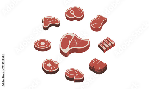 Isometric illustration of assorted raw meat cuts on white background