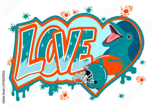 Graffiti lettering LOVE with heart, dolphin, football and helmet in orange, Aqua, white and blue tones. Dynamic street art vector design, bold sports illustration, urban typography for modern style.