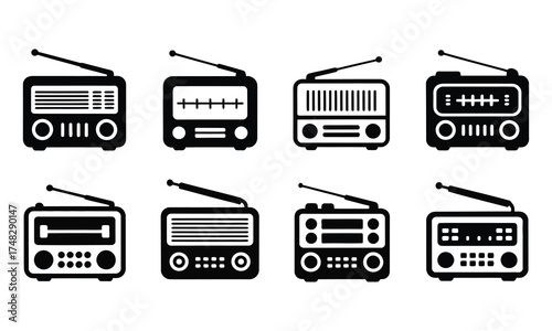 Retro radio set vector illustration vintage receiver icons broadcasting collection