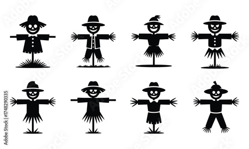 Set of different scarecrow silhouettes for autumn harvest and Halloween designs