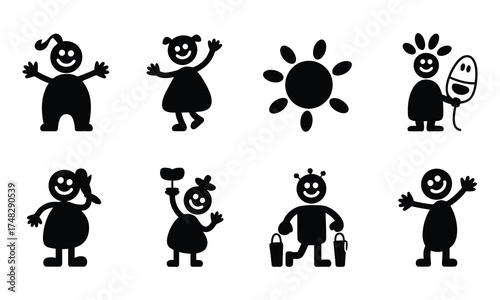 Stick Figure Icons Playful Children Characters Set Vector Illustration