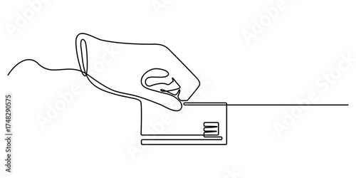 Hand holding a black and red bank card with chip, symbolizing luxury and secure financial continuous one line drawing
