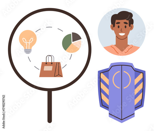 Magnifying glass focusing on innovation, shopping, and analytics, alongside a shield and smiling face. Ideal for research, security, creativity, analysis, e-commerce strategy personal connection