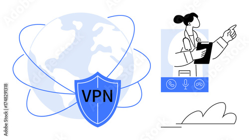 VPN shield over globe indicating secure network. Doctor consulting via video call. Ideal for cybersecurity, telemedicine, global connectivity, online security, remote work, healthcare, privacy